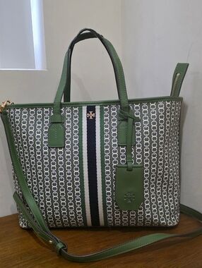 Tory burch Green /Ivory and Navy Canvas Tote bag